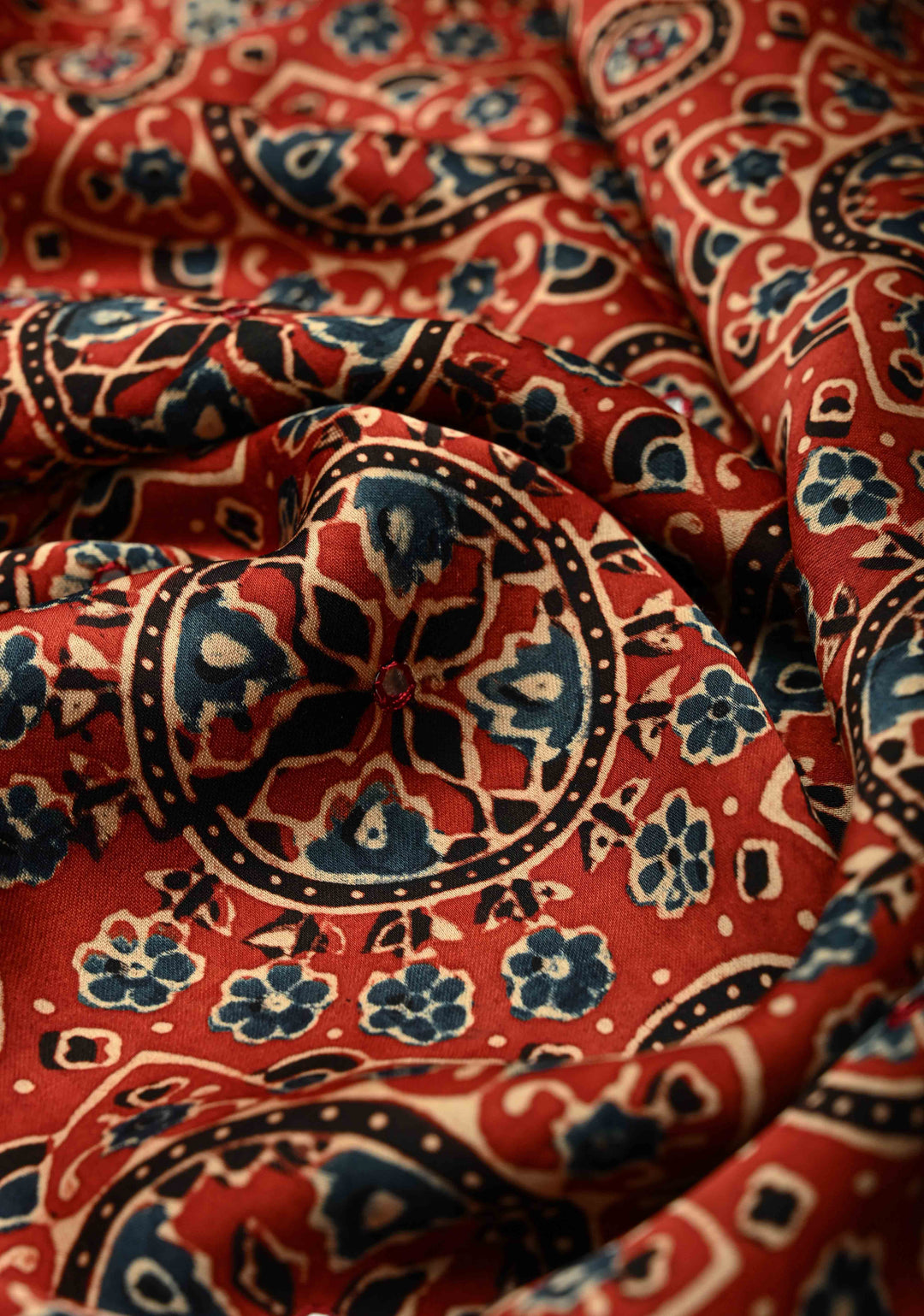 Ajrakh Block Print on Modal Saree with Mirror Work in Red
