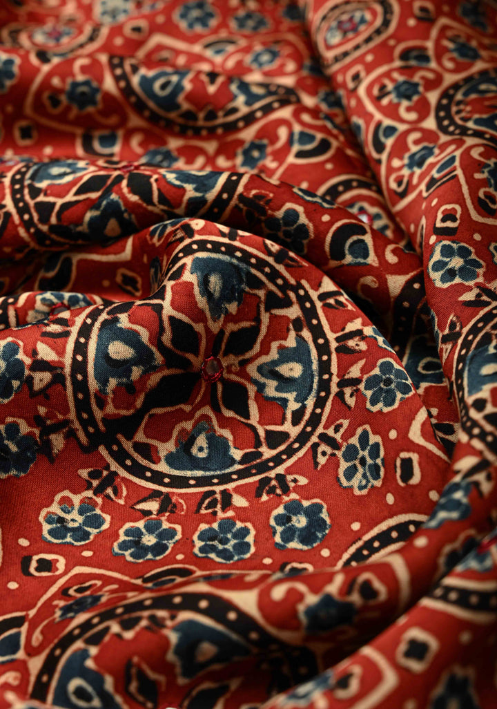 Ajrakh Block Print on Modal Saree with Mirror Work in Red