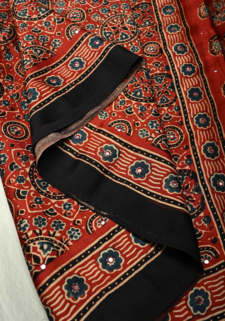 Ajrakh Block Print on Modal Saree with Mirror Work in Red