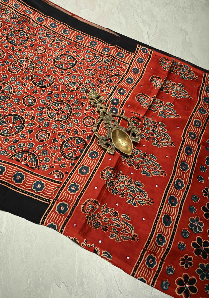 Ajrakh Block Print on Modal Saree with Mirror Work in Red