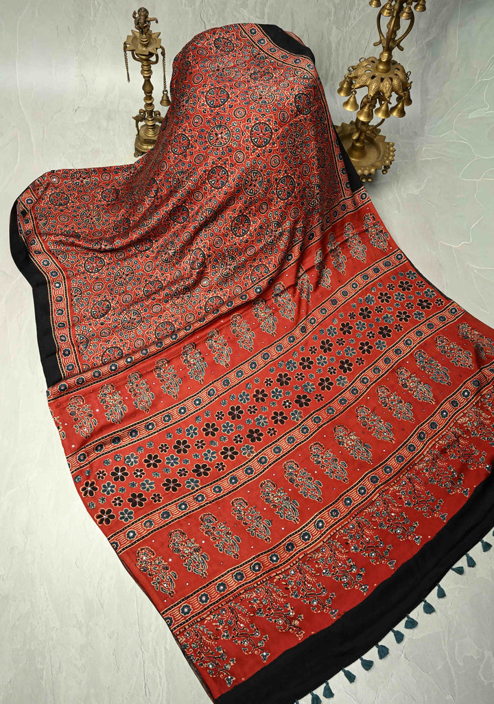 Ajrakh Block Print on Modal Saree with Mirror Work in Red