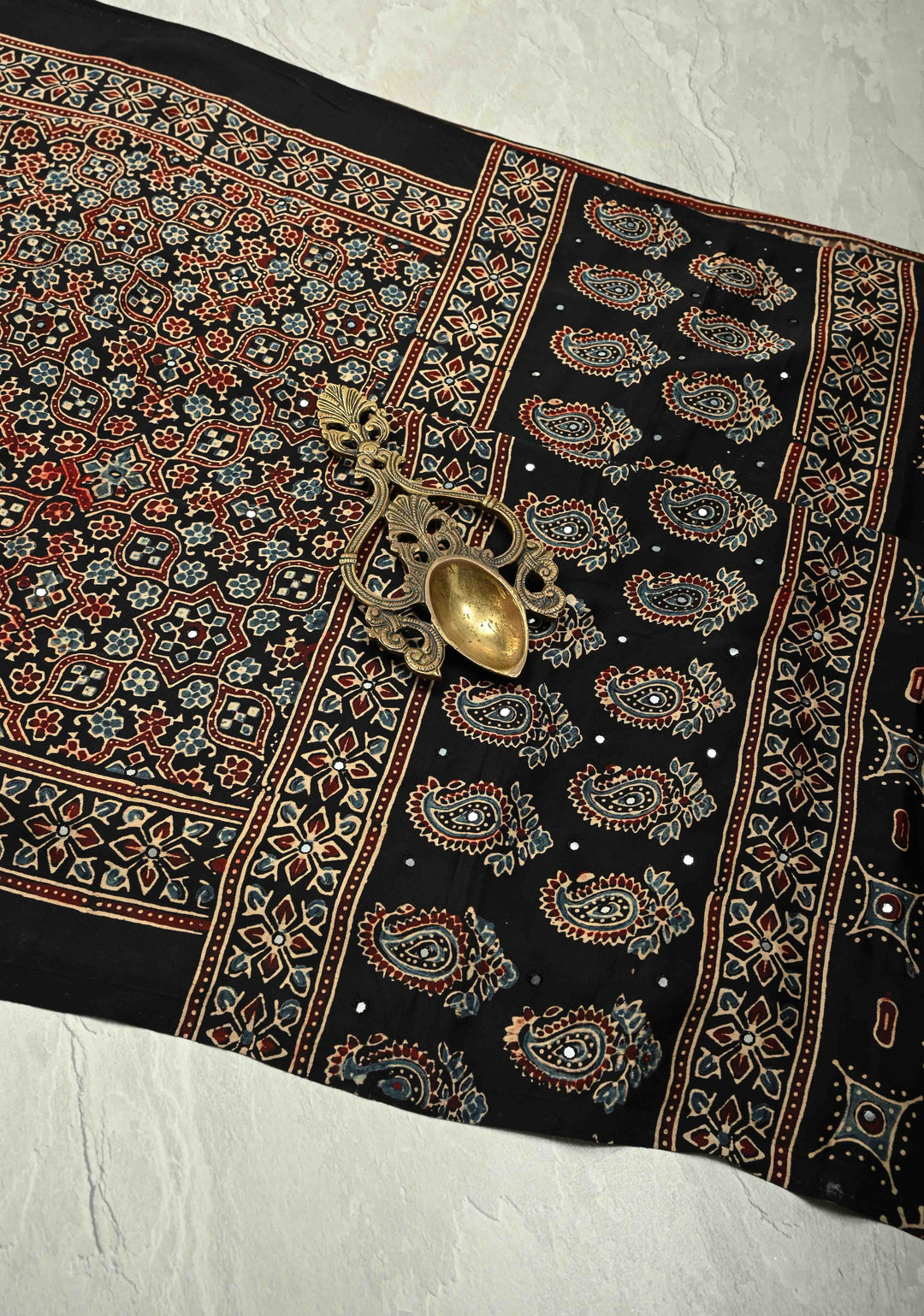 Black Ajrakh Block Print on Modal Saree with Mirror Work