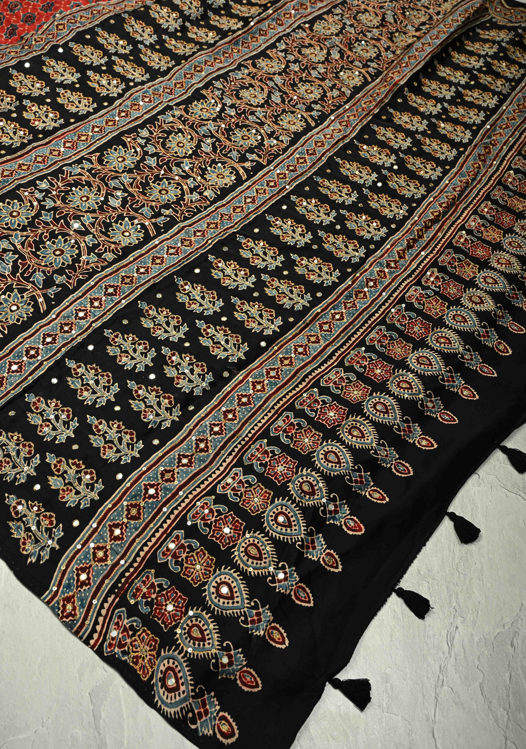 Ajrakh Block Print on Modal Saree with Mirror and Ari Work in Red