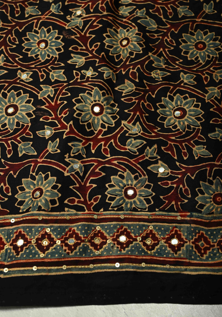 Ajrakh Block Print on Modal Saree with Mirror and Ari Work in Red