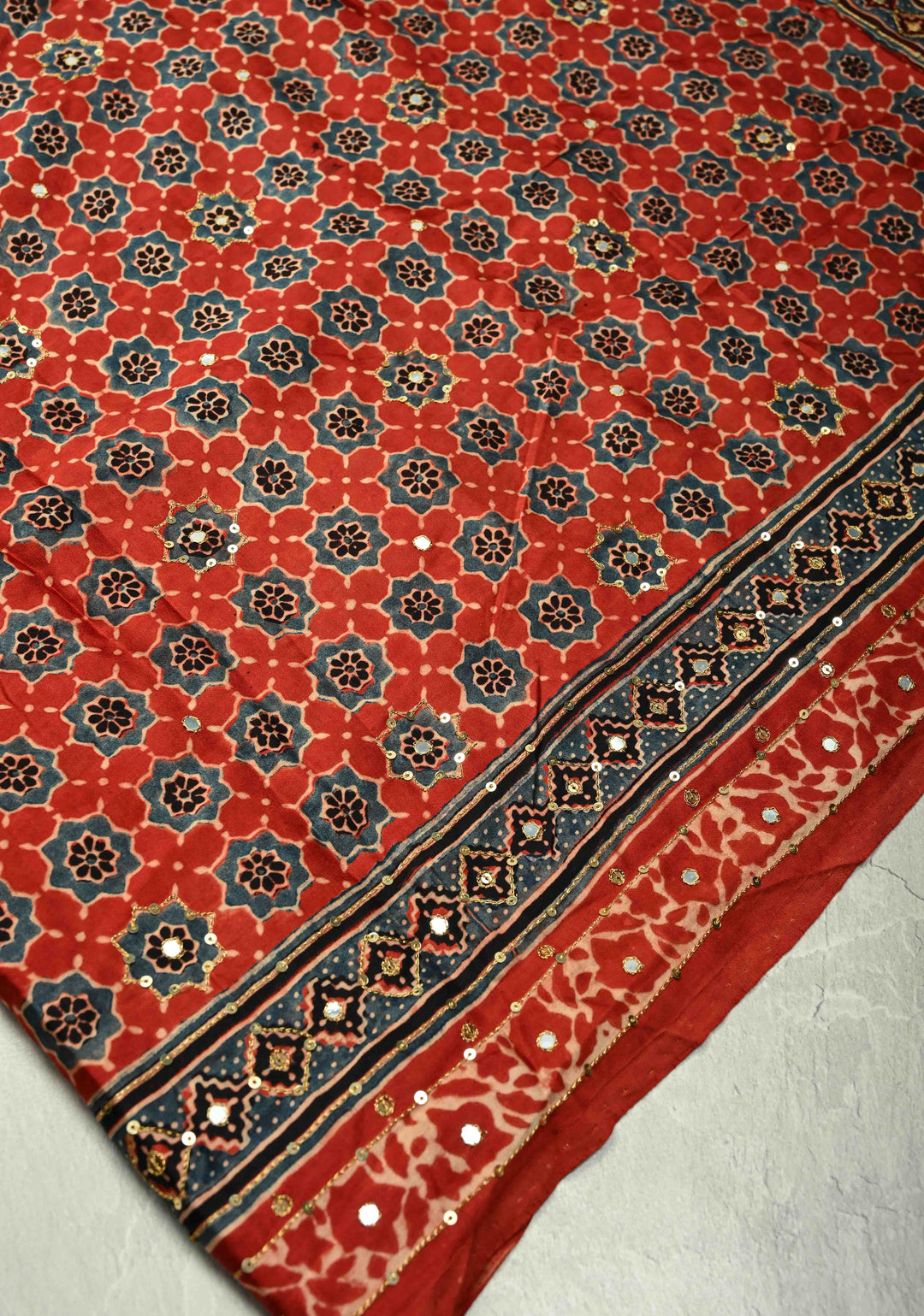 Ajrakh Block Print on Modal Saree with Mirror and Ari Work in Red