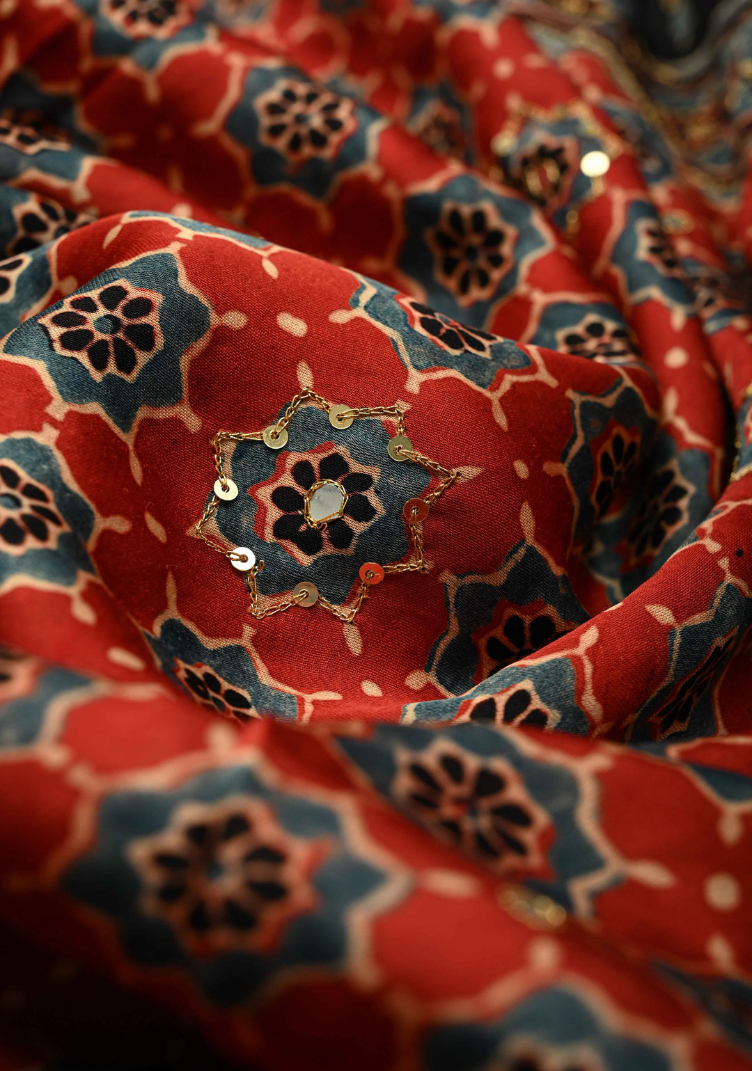 Ajrakh Block Print on Modal Saree with Mirror and Ari Work in Red
