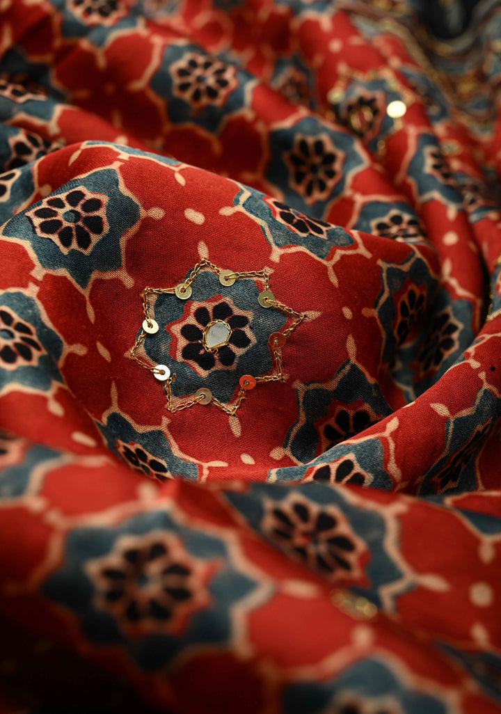 Ajrakh Block Print on Modal Saree with Mirror and Ari Work in Red