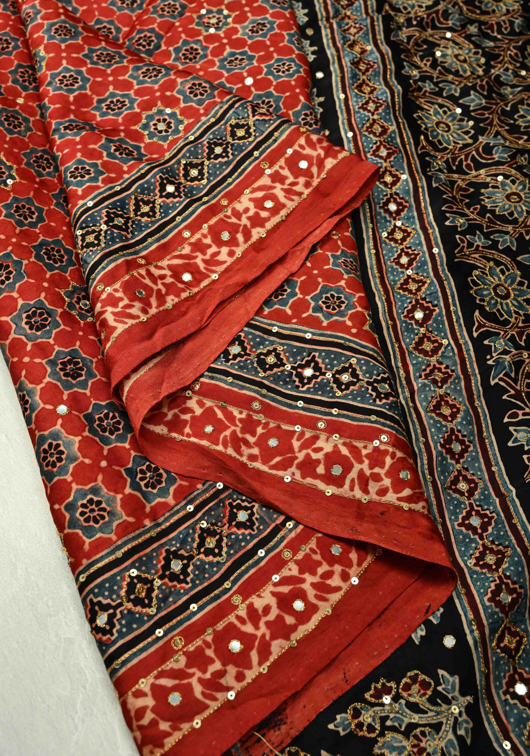 Ajrakh Block Print on Modal Saree with Mirror and Ari Work in Red