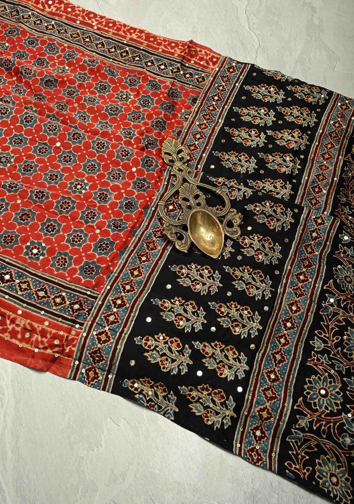Ajrakh Block Print on Modal Saree with Mirror and Ari Work in Red