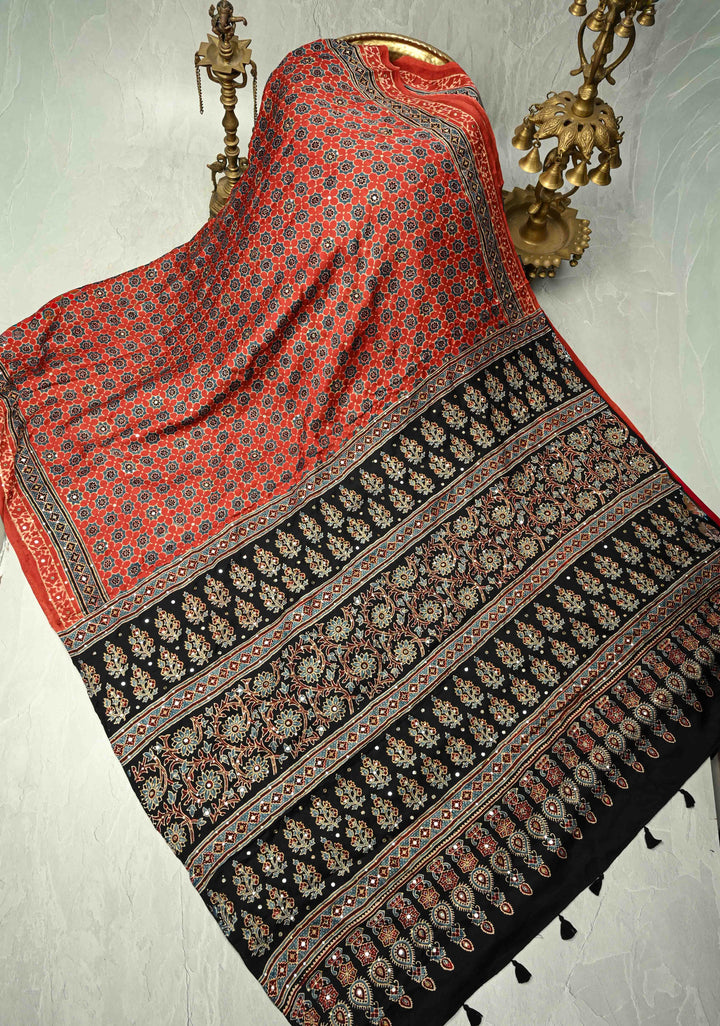 Ajrakh Block Print on Modal Saree with Mirror and Ari Work in Red