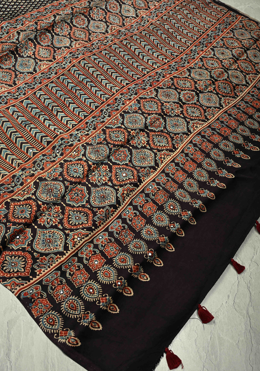 Stunning Black Ajrakh Block Print on Modal Saree with Mirror Work