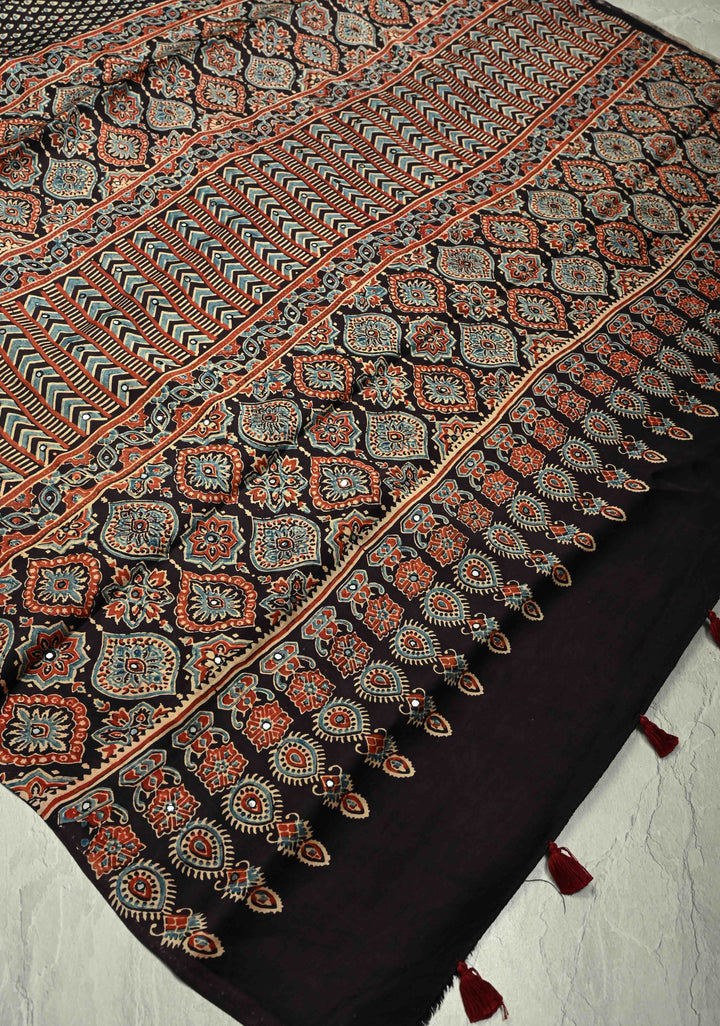 Stunning Black Ajrakh Block Print on Modal Saree with Mirror Work