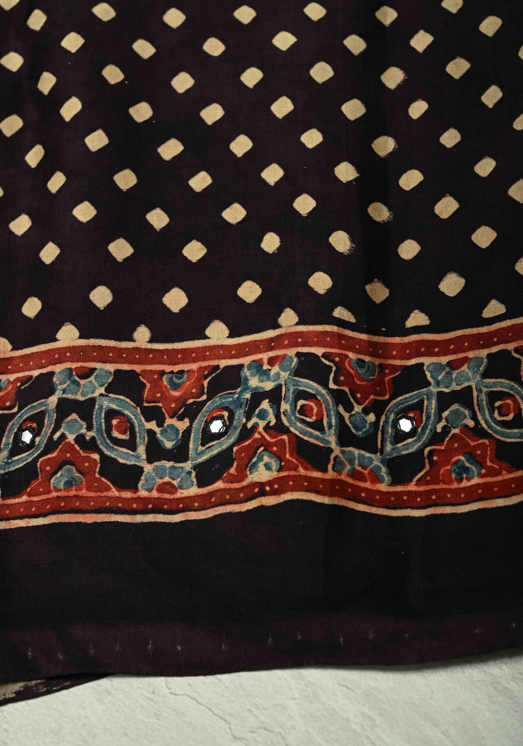Stunning Black Ajrakh Block Print on Modal Saree with Mirror Work