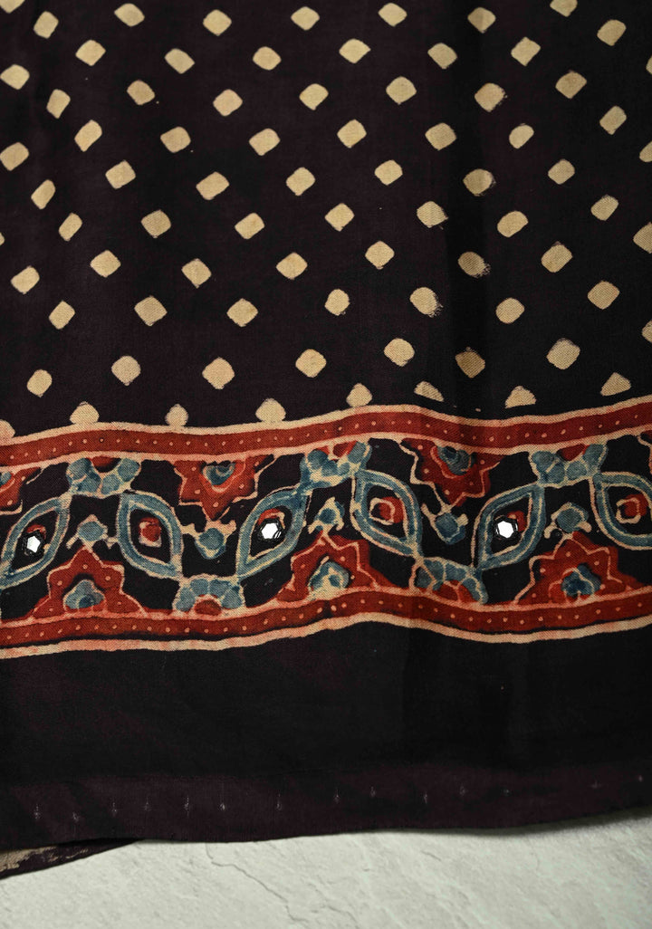 Stunning Black Ajrakh Block Print on Modal Saree with Mirror Work