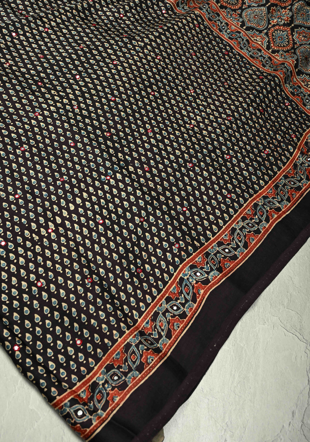 Stunning Black Ajrakh Block Print on Modal Saree with Mirror Work