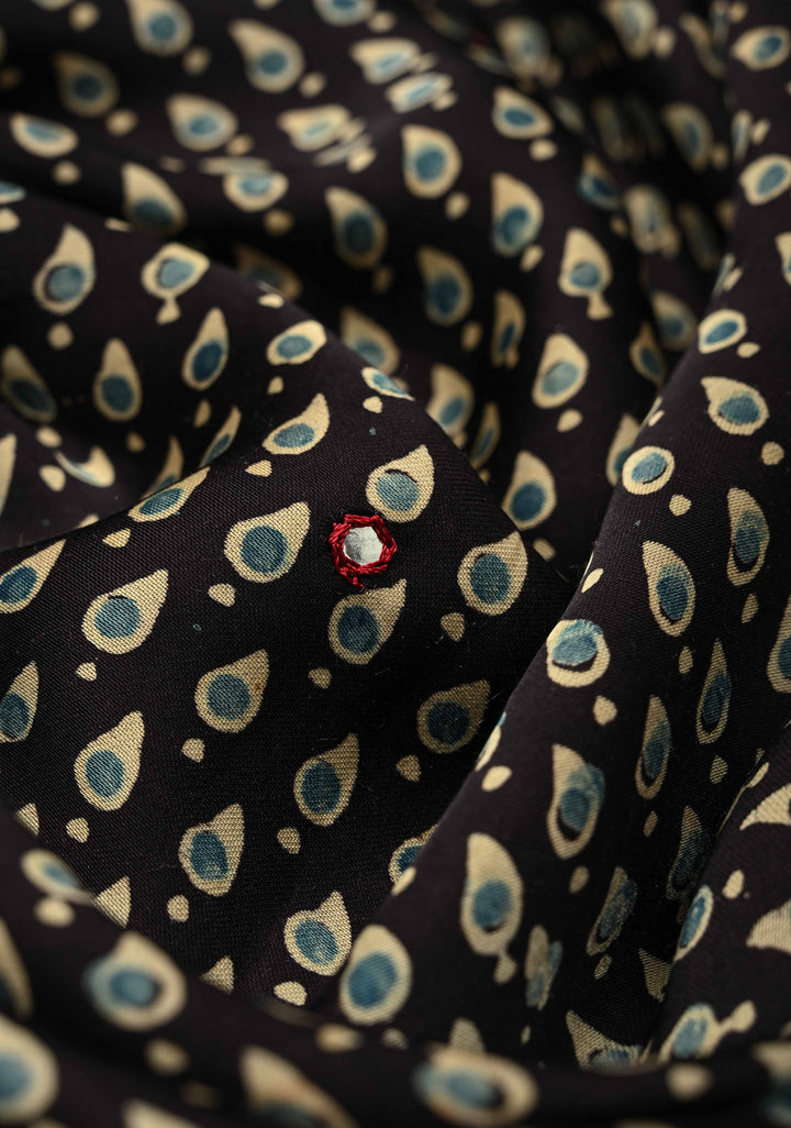 Stunning Black Ajrakh Block Print on Modal Saree with Mirror Work