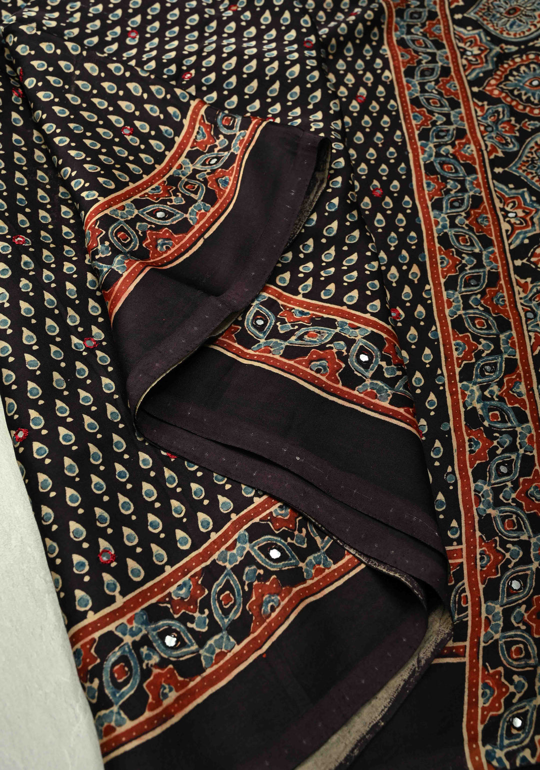 Stunning Black Ajrakh Block Print on Modal Saree with Mirror Work