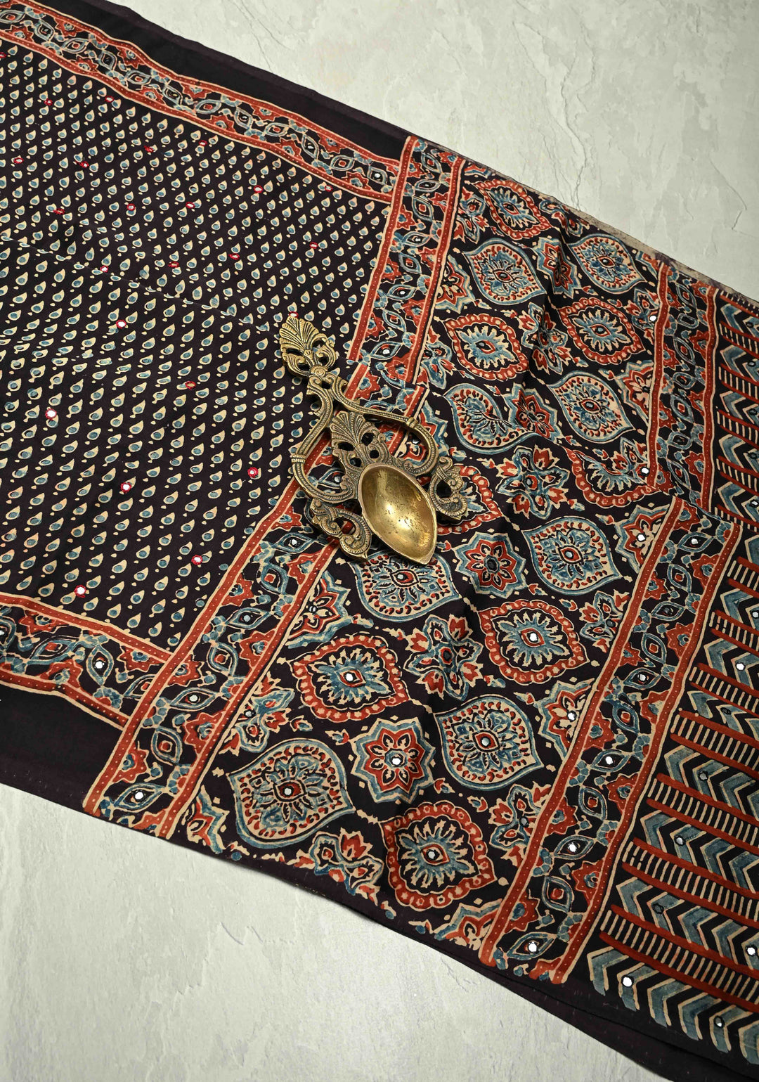 Stunning Black Ajrakh Block Print on Modal Saree with Mirror Work