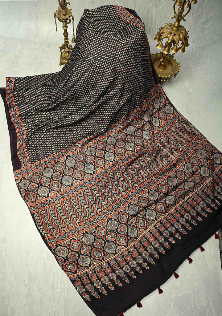 Stunning Black Ajrakh Block Print on Modal Saree with Mirror Work