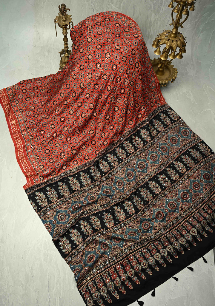 Exquisite Red Ajrakh Block Print on Modal Saree with Mirror and Ari Work