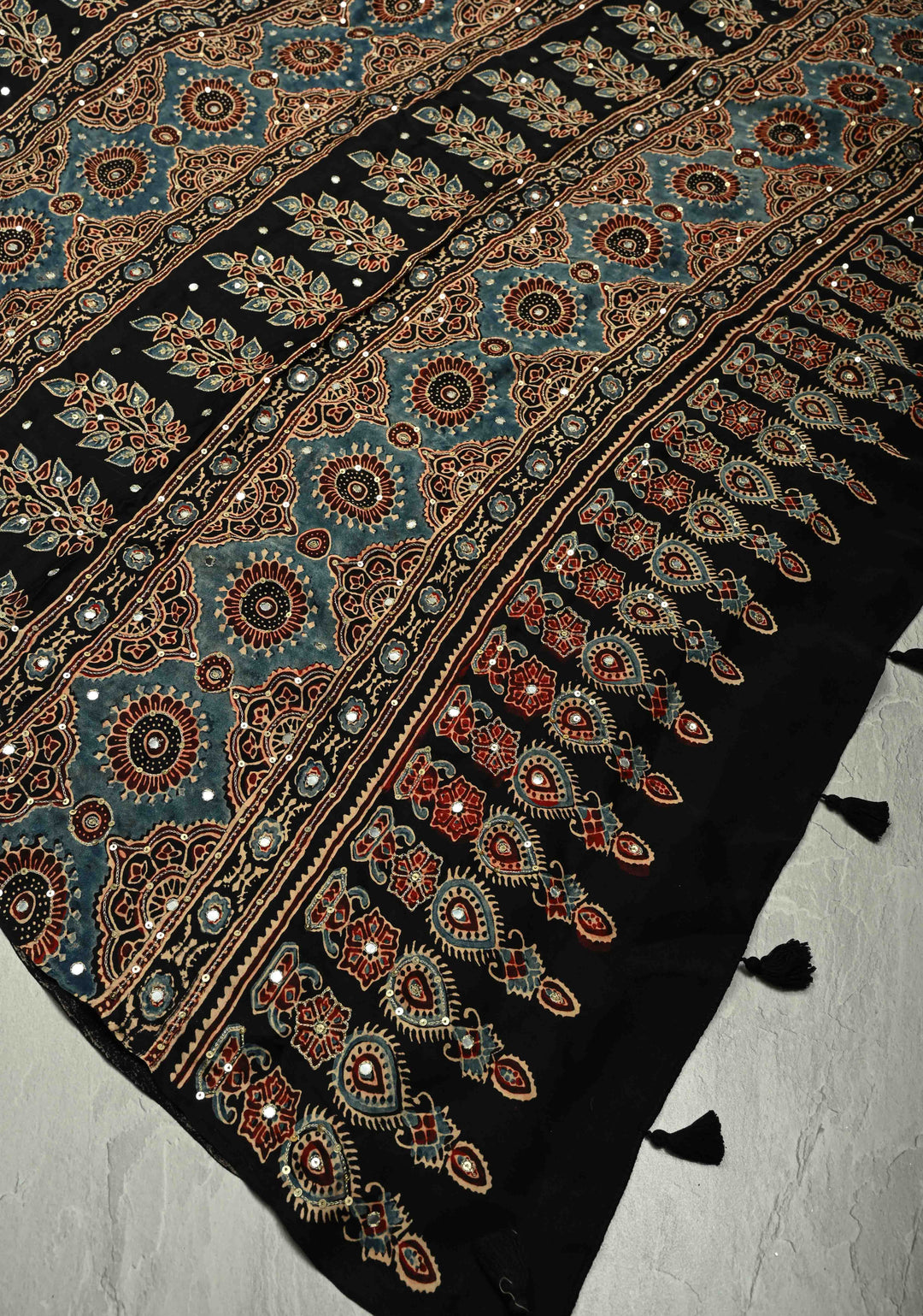 Exquisite Red Ajrakh Block Print on Modal Saree with Mirror and Ari Work