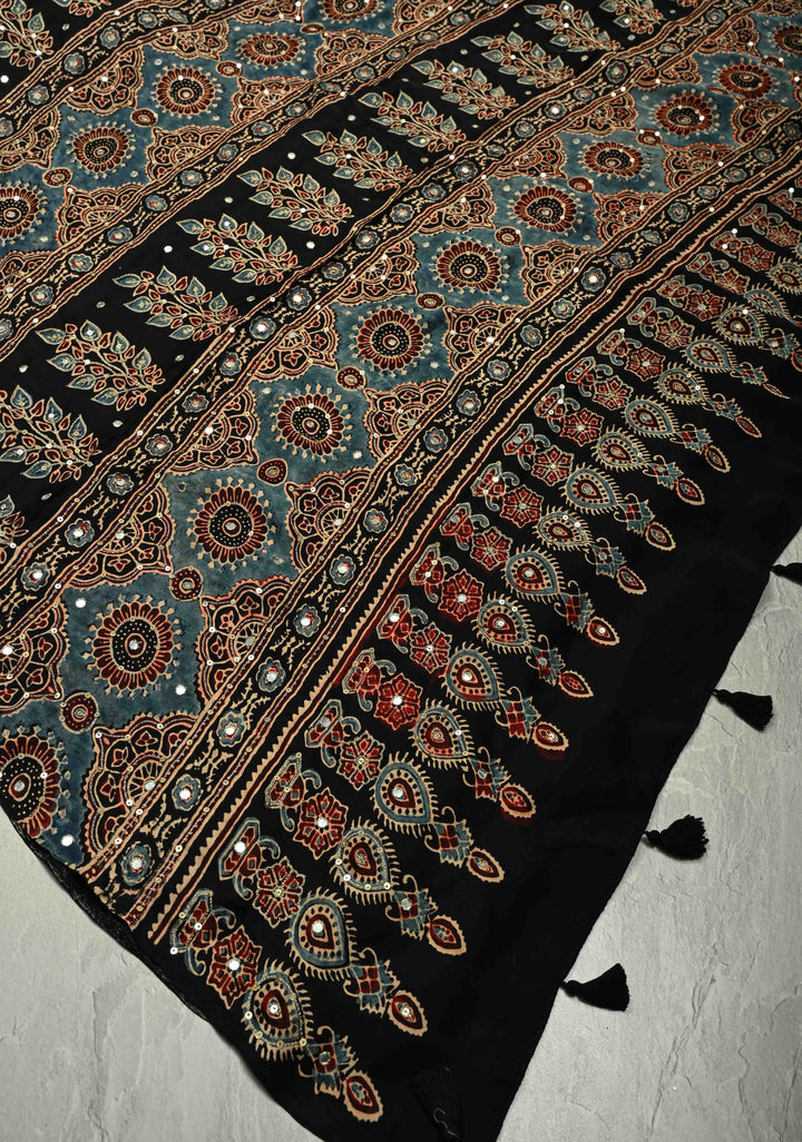 Exquisite Red Ajrakh Block Print on Modal Saree with Mirror and Ari Work