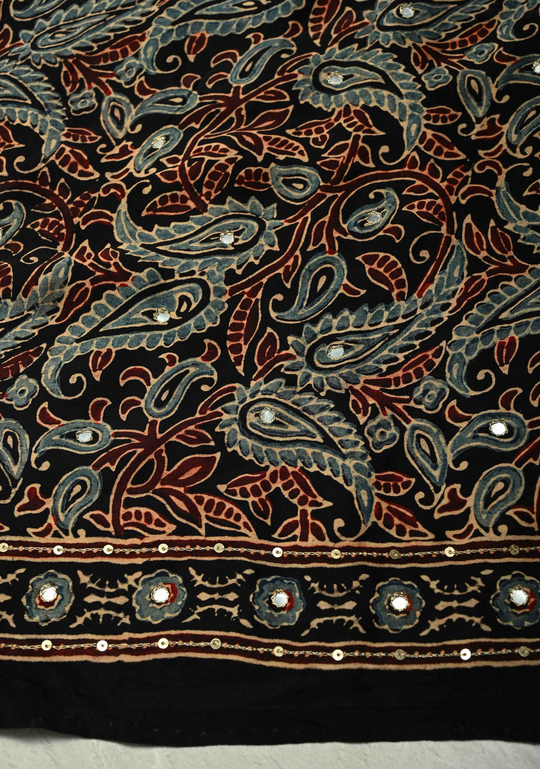 Exquisite Red Ajrakh Block Print on Modal Saree with Mirror and Ari Work