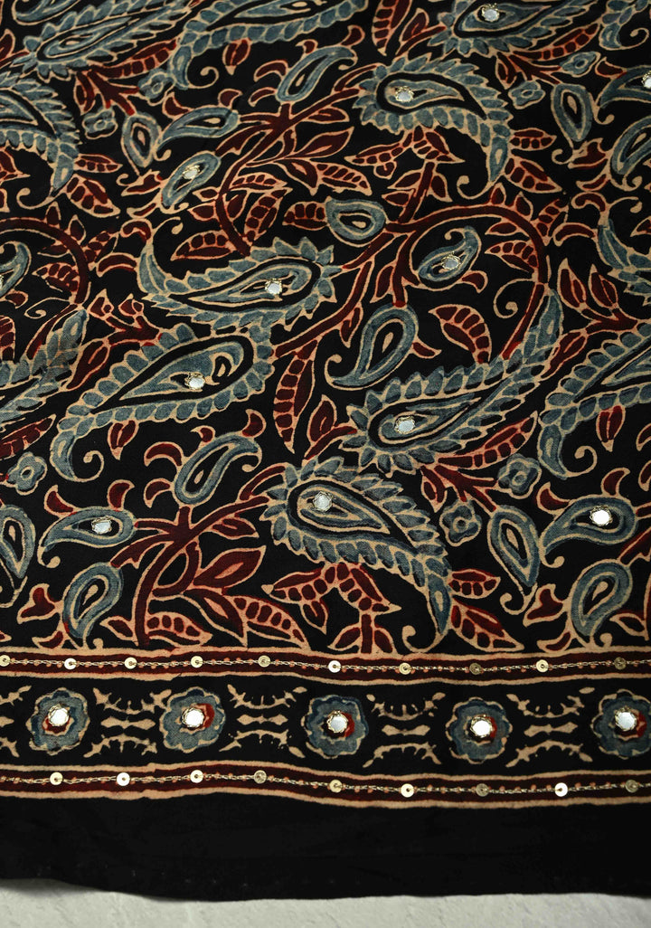 Exquisite Red Ajrakh Block Print on Modal Saree with Mirror and Ari Work