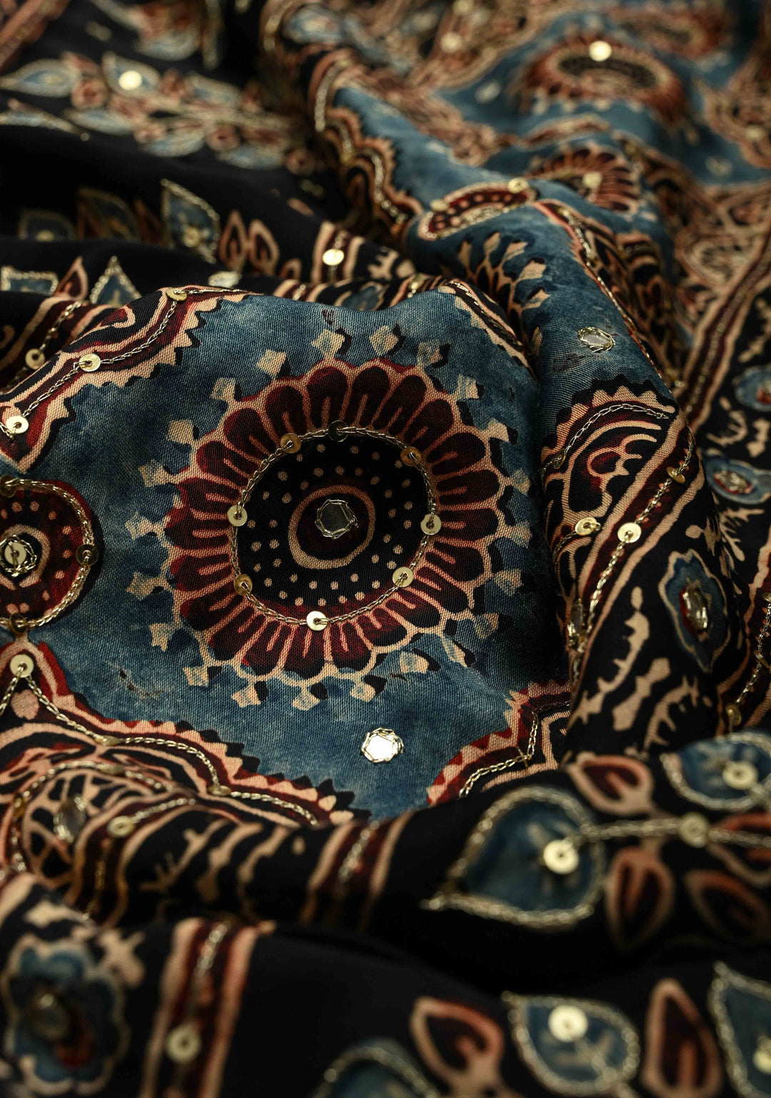 Exquisite Red Ajrakh Block Print on Modal Saree with Mirror and Ari Work