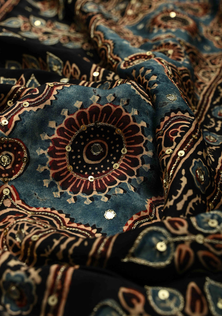 Exquisite Red Ajrakh Block Print on Modal Saree with Mirror and Ari Work