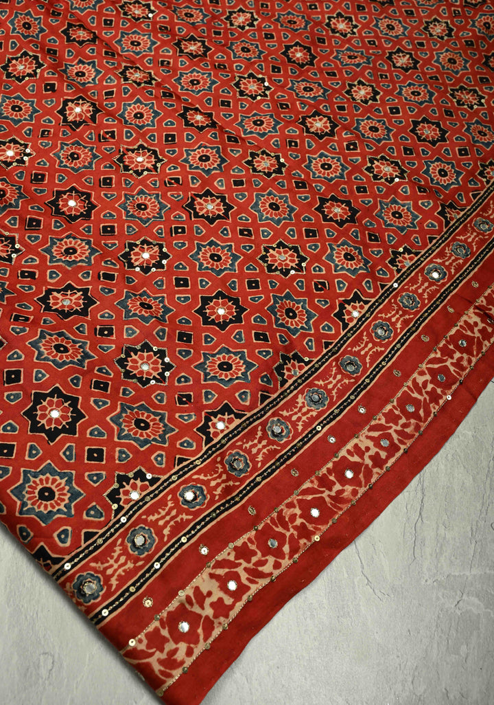 Exquisite Red Ajrakh Block Print on Modal Saree with Mirror and Ari Work
