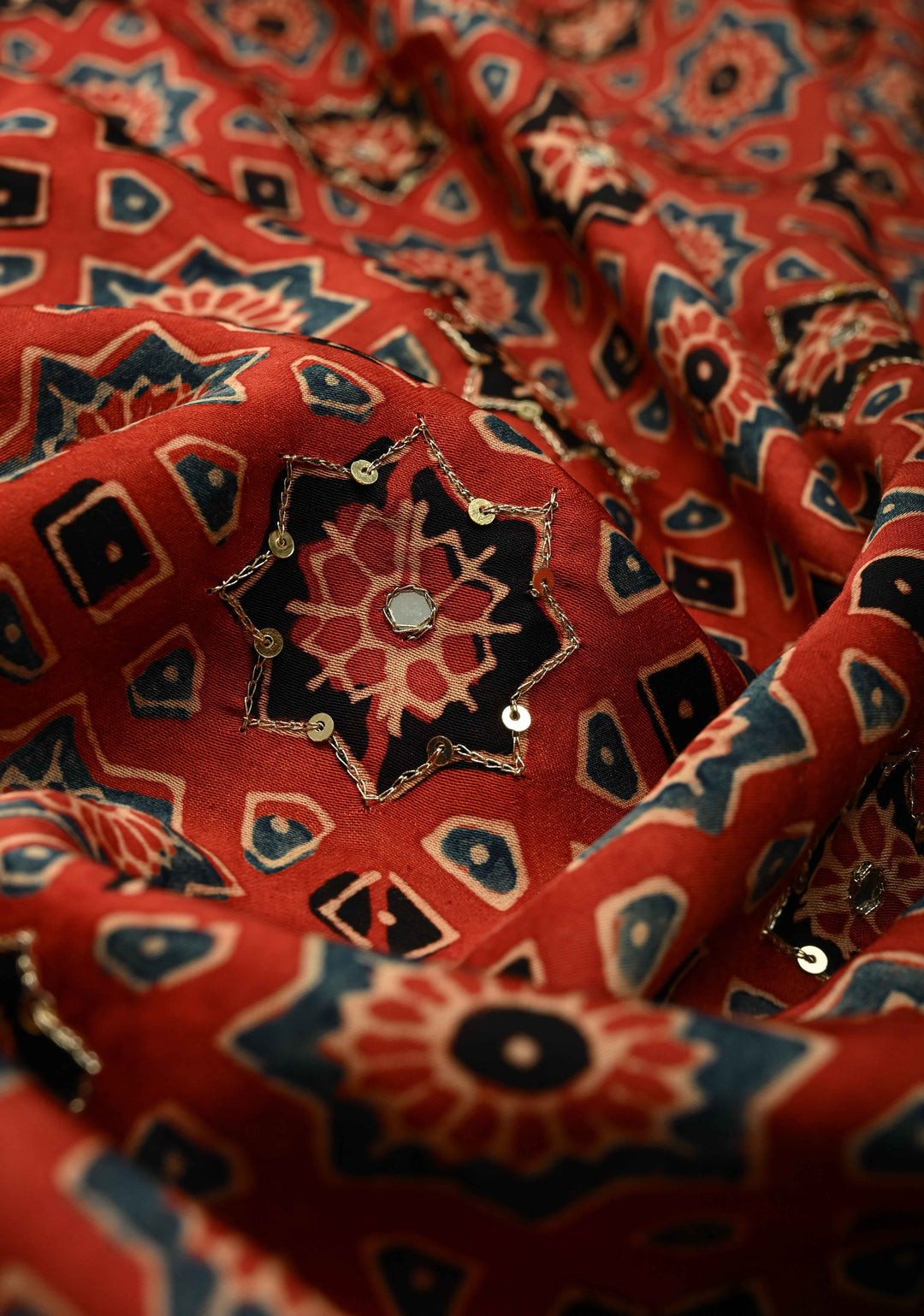 Exquisite Red Ajrakh Block Print on Modal Saree with Mirror and Ari Work