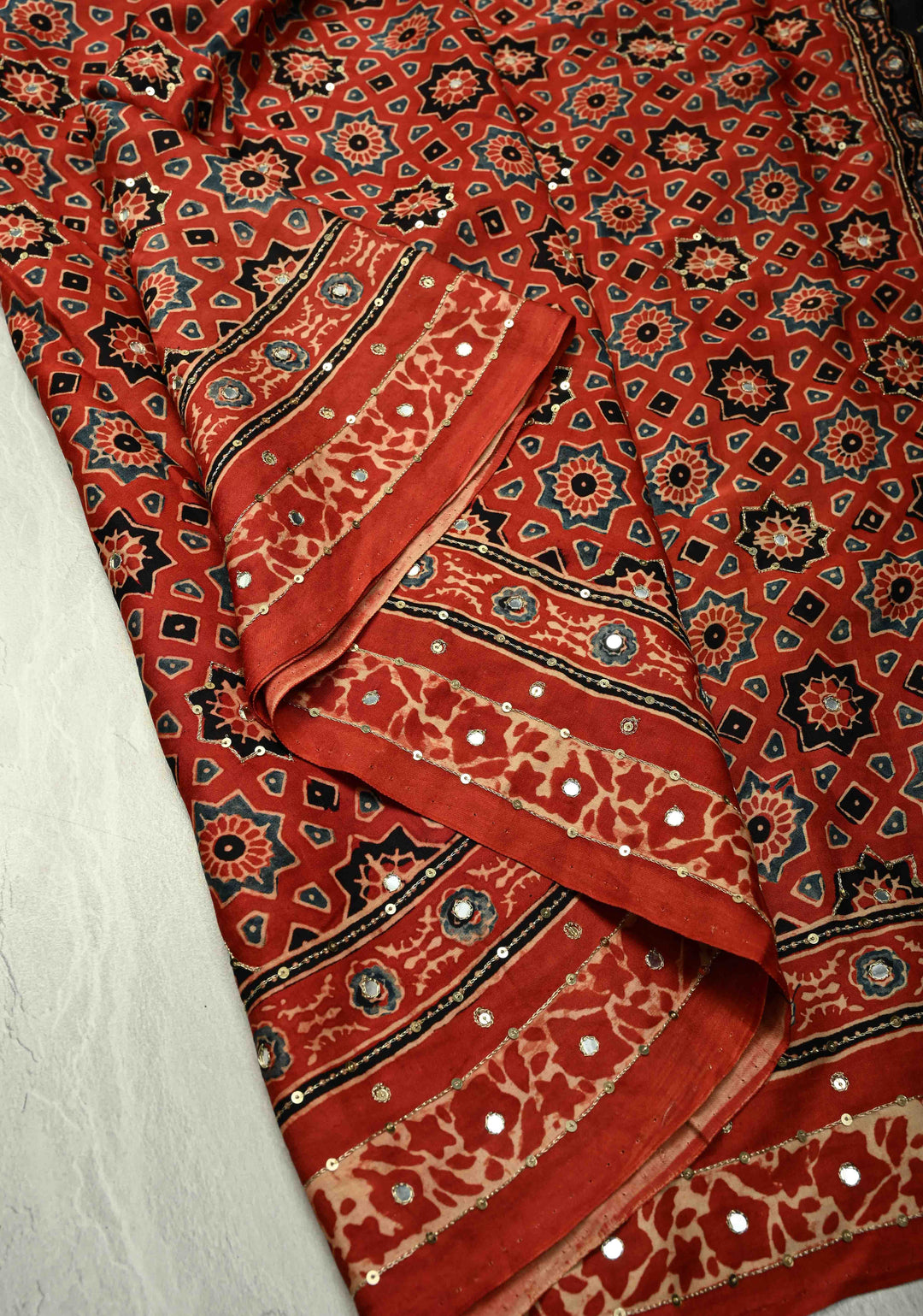 Exquisite Red Ajrakh Block Print on Modal Saree with Mirror and Ari Work