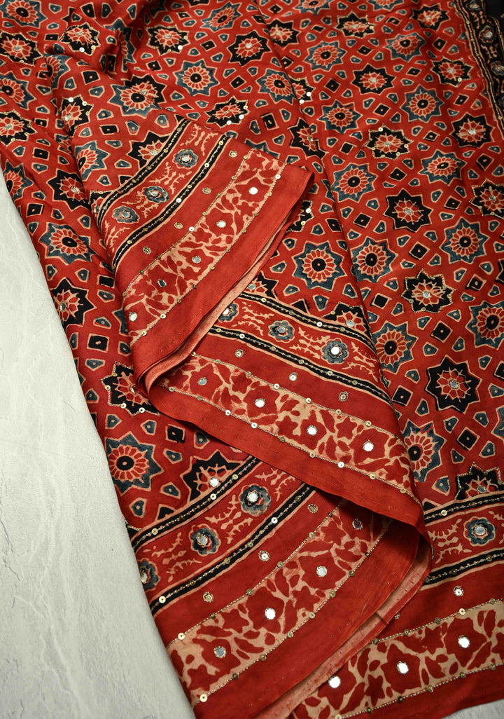 Exquisite Red Ajrakh Block Print on Modal Saree with Mirror and Ari Work