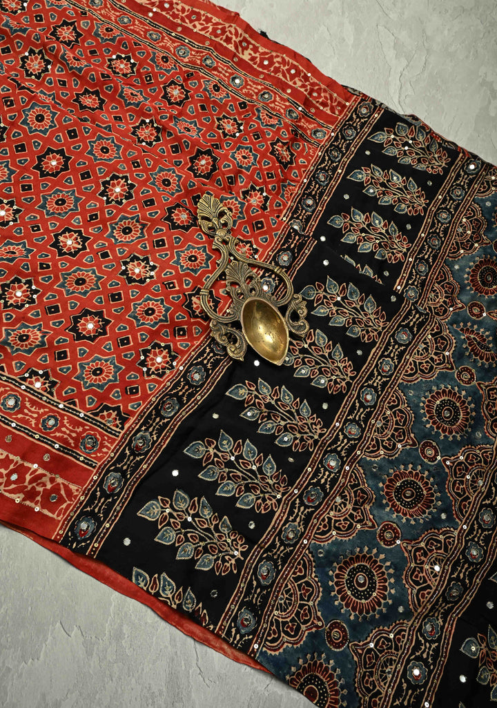 Exquisite Red Ajrakh Block Print on Modal Saree with Mirror and Ari Work
