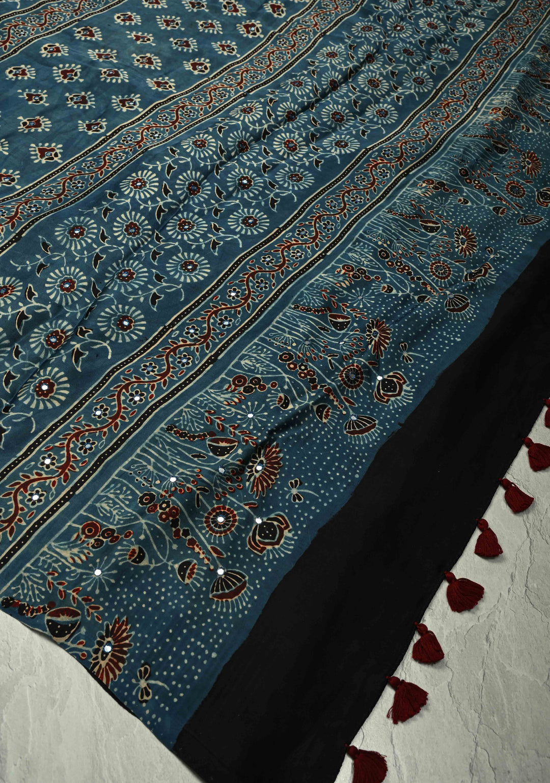Dark Teal Ajrakh Block Print on Modal Saree with Mirror Work