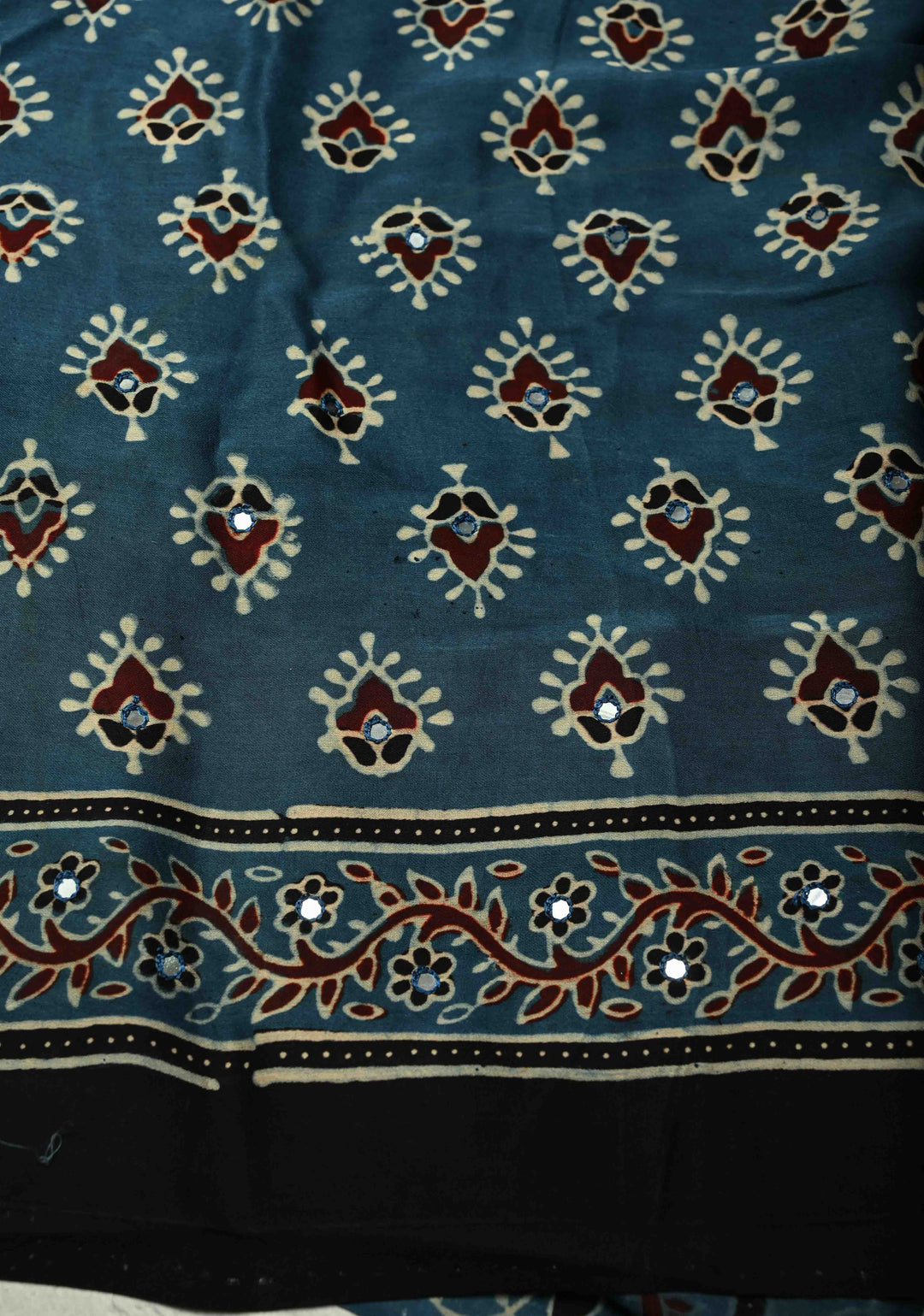Dark Teal Ajrakh Block Print on Modal Saree with Mirror Work