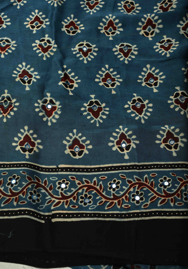 Dark Teal Ajrakh Block Print on Modal Saree with Mirror Work