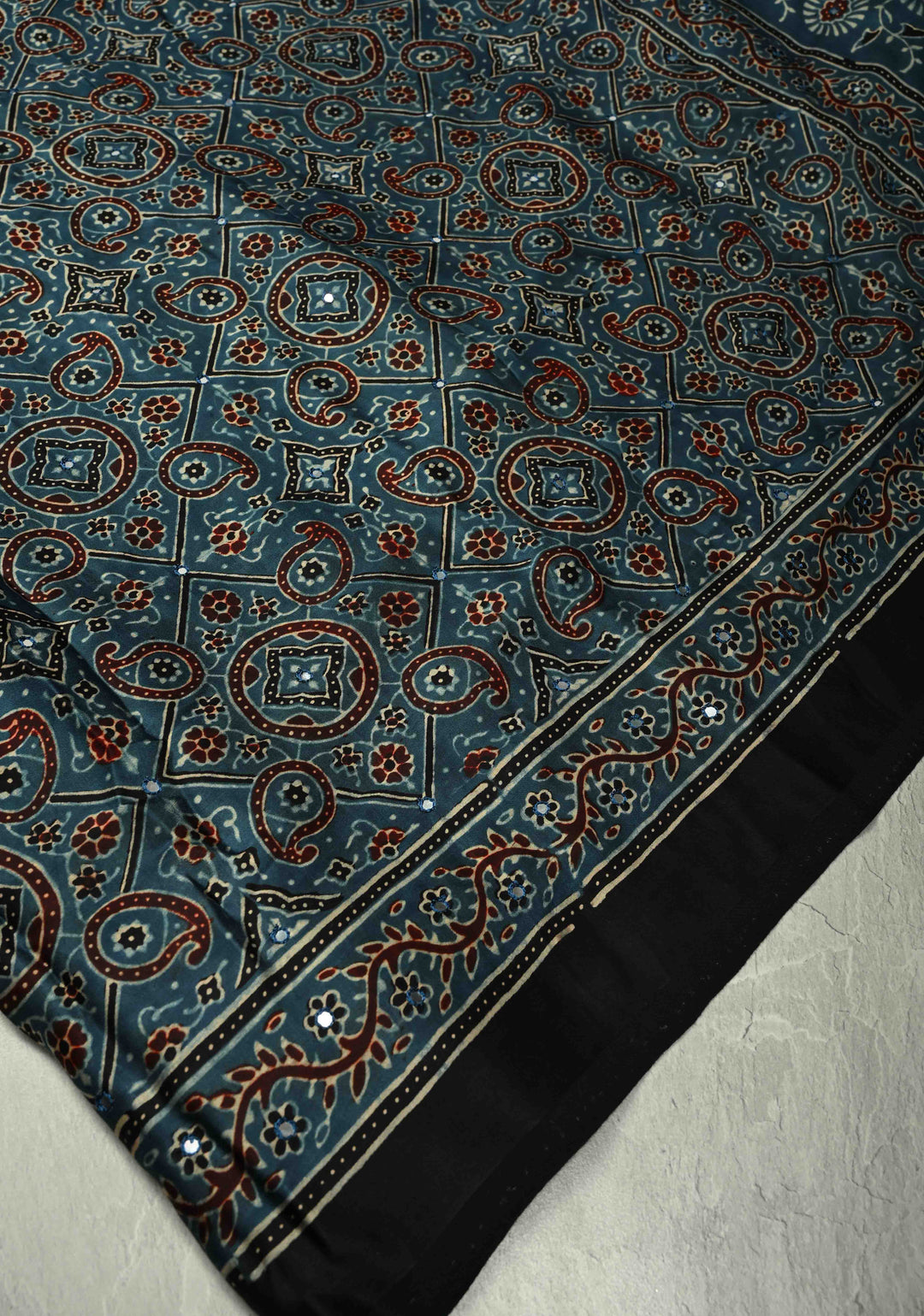 Dark Teal Ajrakh Block Print on Modal Saree with Mirror Work | SHOBITAM