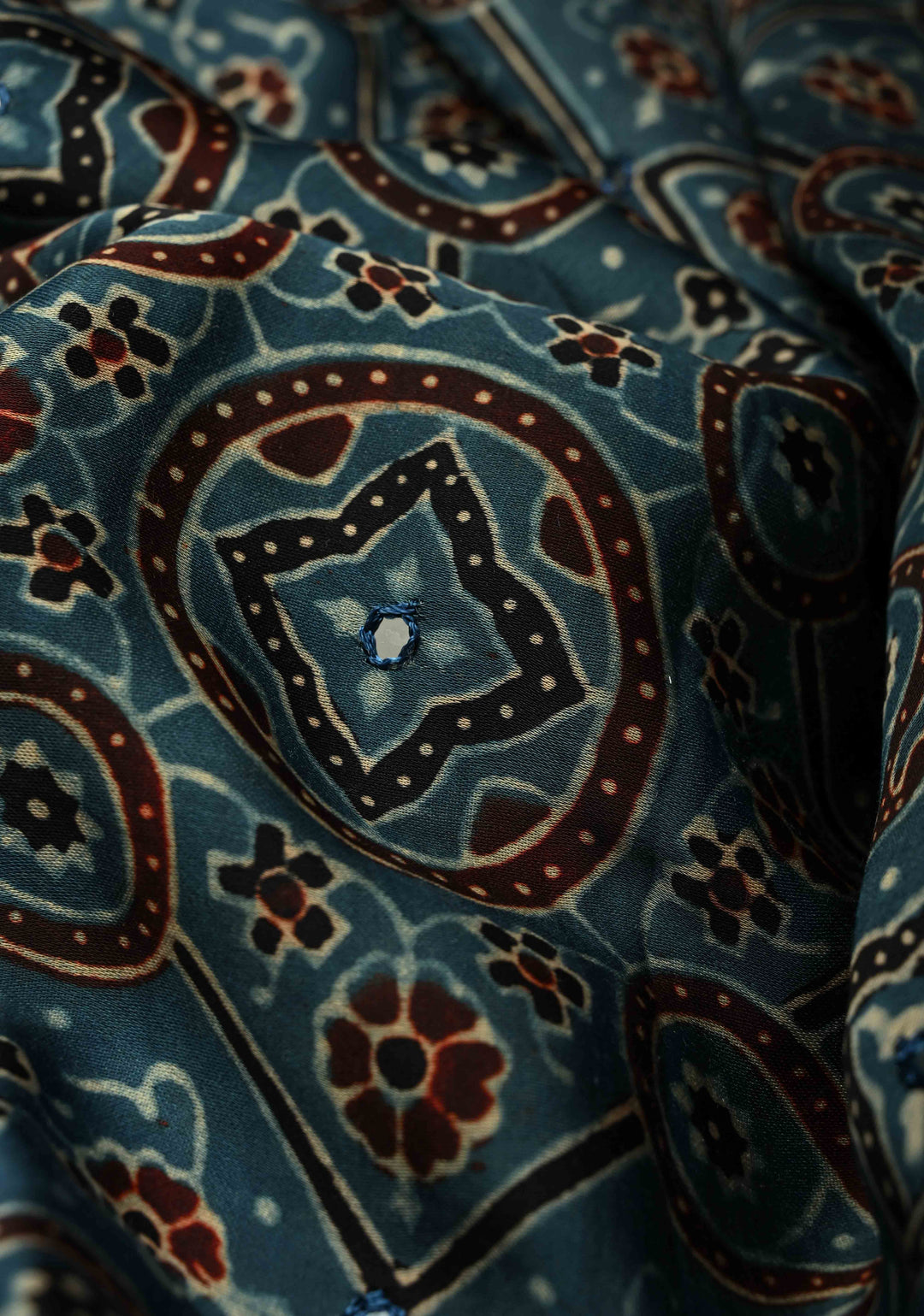 Dark Teal Ajrakh Block Print on Modal Saree with Mirror Work | SHOBITAM