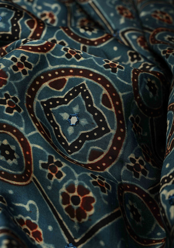 Dark Teal Ajrakh Block Print on Modal Saree with Mirror Work | SHOBITAM