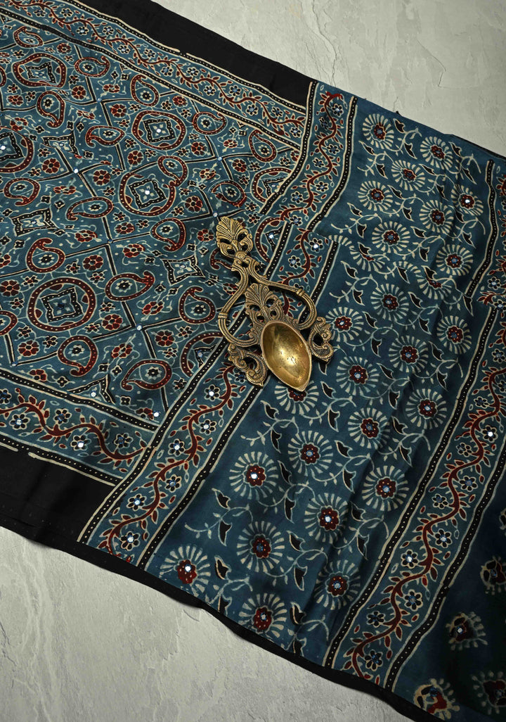 Dark Teal Ajrakh Block Print on Modal Saree with Mirror Work | SHOBITAM