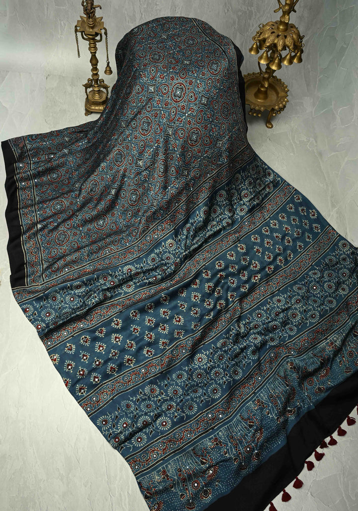 Dark Teal Ajrakh Block Print on Modal Saree with Mirror Work | SHOBITAM