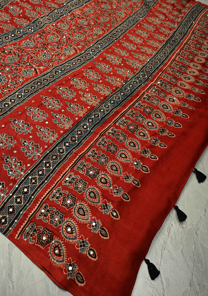 Indigo Ajrakh Block Print on Modal Saree with Mirror and Ari Work