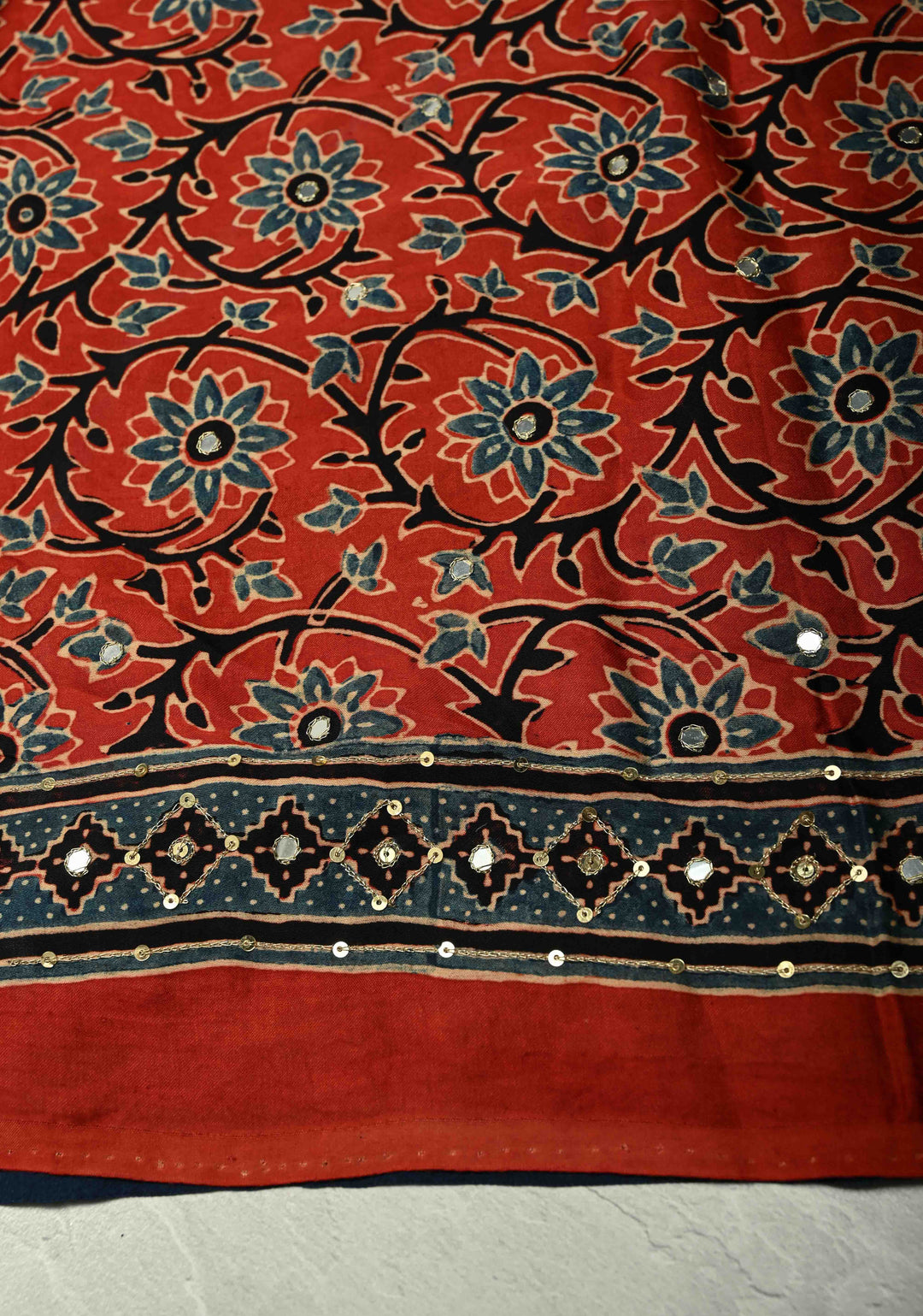 Indigo Ajrakh Block Print on Modal Saree with Mirror and Ari Work