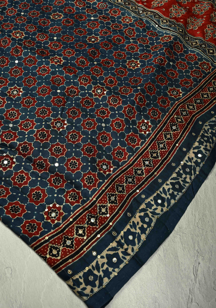 Indigo Ajrakh Block Print on Modal Saree with Mirror and Ari Work