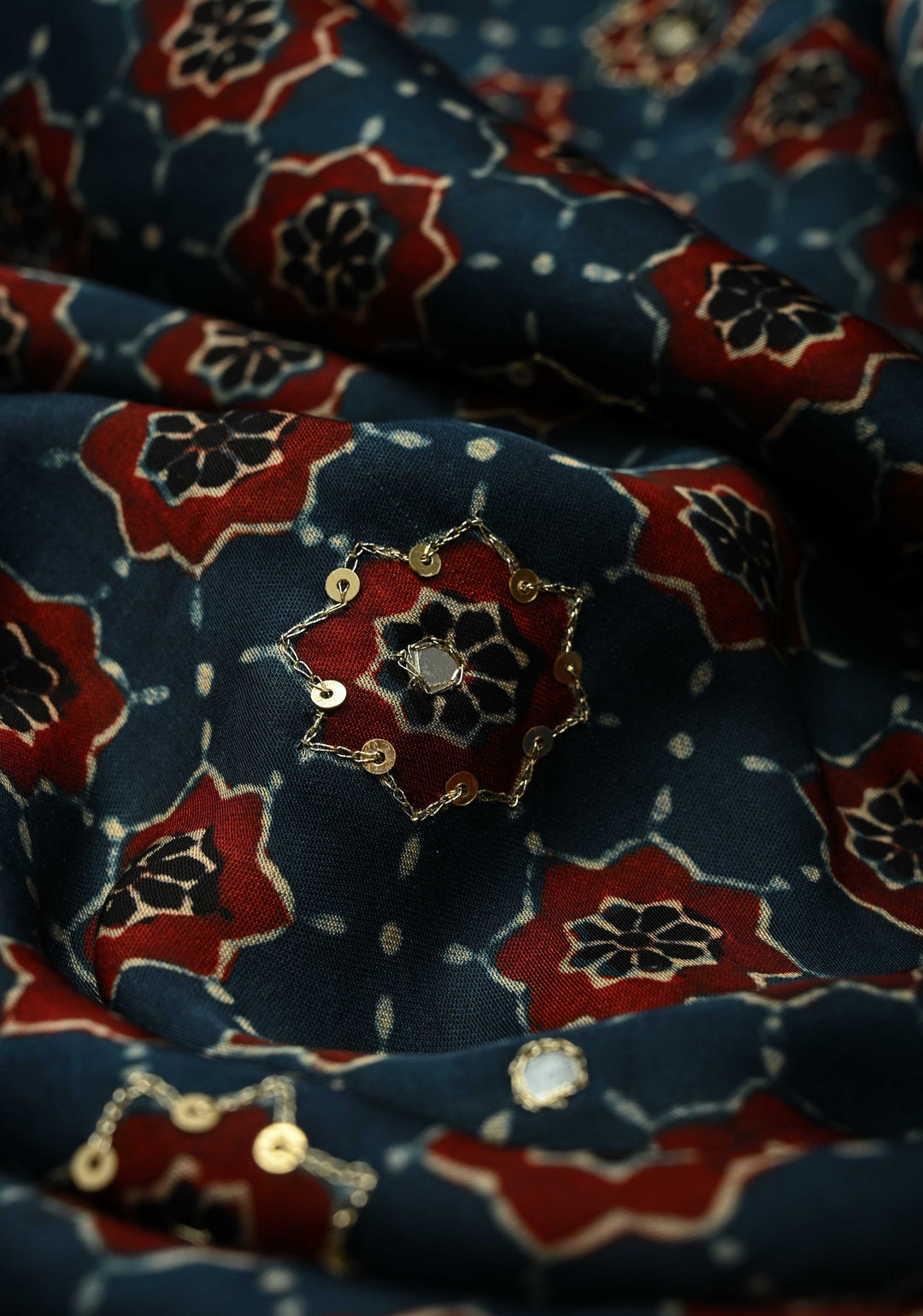 Indigo Ajrakh Block Print on Modal Saree with Mirror and Ari Work