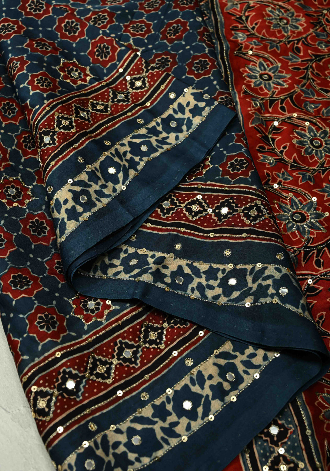 Indigo Ajrakh Block Print on Modal Saree with Mirror and Ari Work