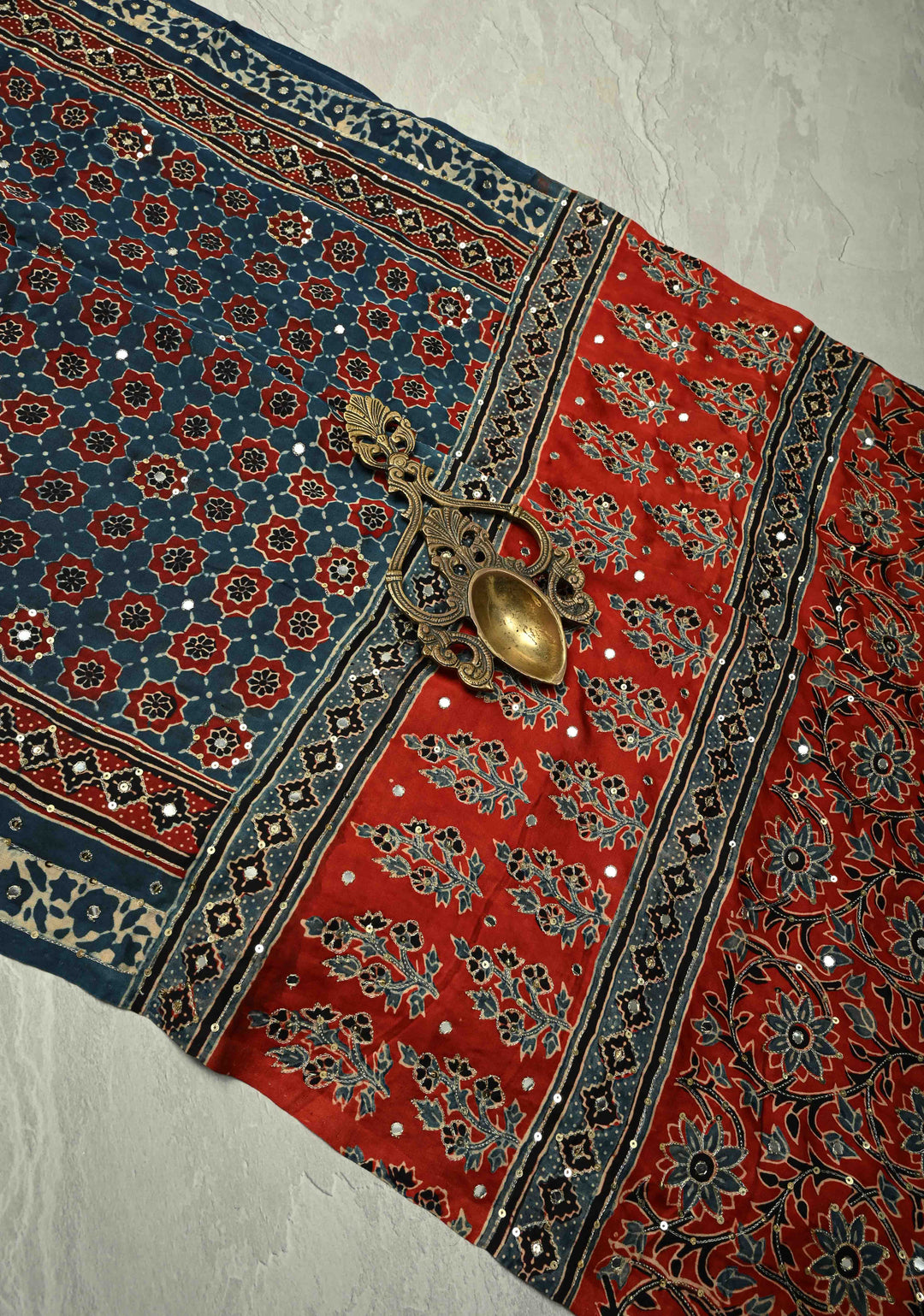 Indigo Ajrakh Block Print on Modal Saree with Mirror and Ari Work