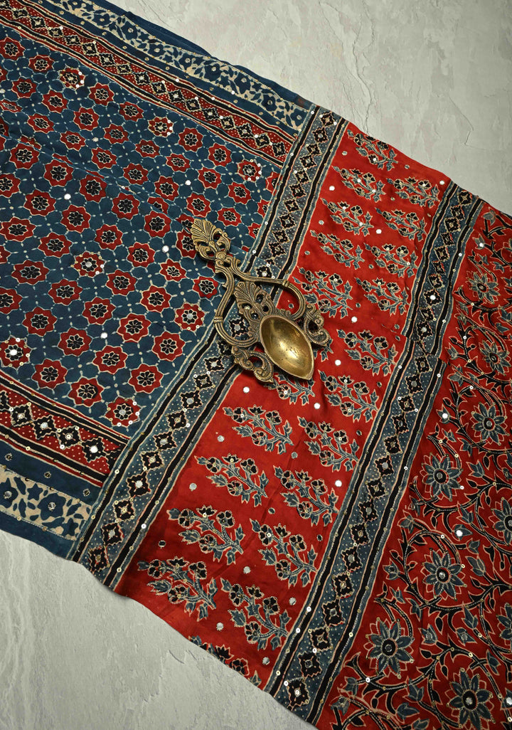 Indigo Ajrakh Block Print on Modal Saree with Mirror and Ari Work